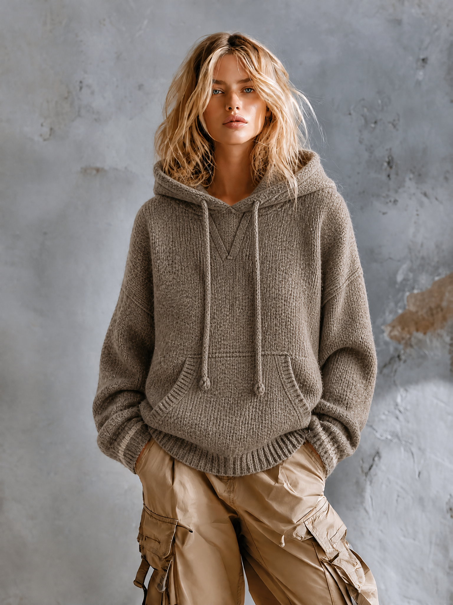 ElevenOra Chic Casual Taupe Drawstring Hooded Neck Dropped-Shoulder Long-Sleeve Kangaroo Pocket Loose-Fit Knit Sweater