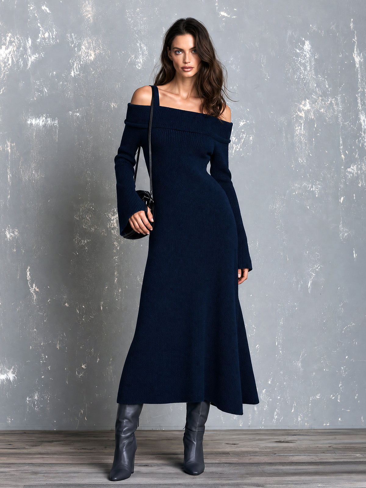 ElevenOra Chic Elegant Navy Blue Off-The-Shoulder Shoulder Straps Long-Flare-Sleeve A-Line Wool Blend Knit Maxi Dress