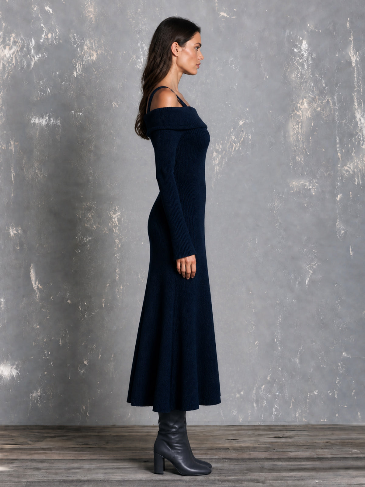 ElevenOra Chic Elegant Navy Blue Off-The-Shoulder Shoulder Straps Long-Flare-Sleeve A-Line Wool Blend Knit Maxi Dress