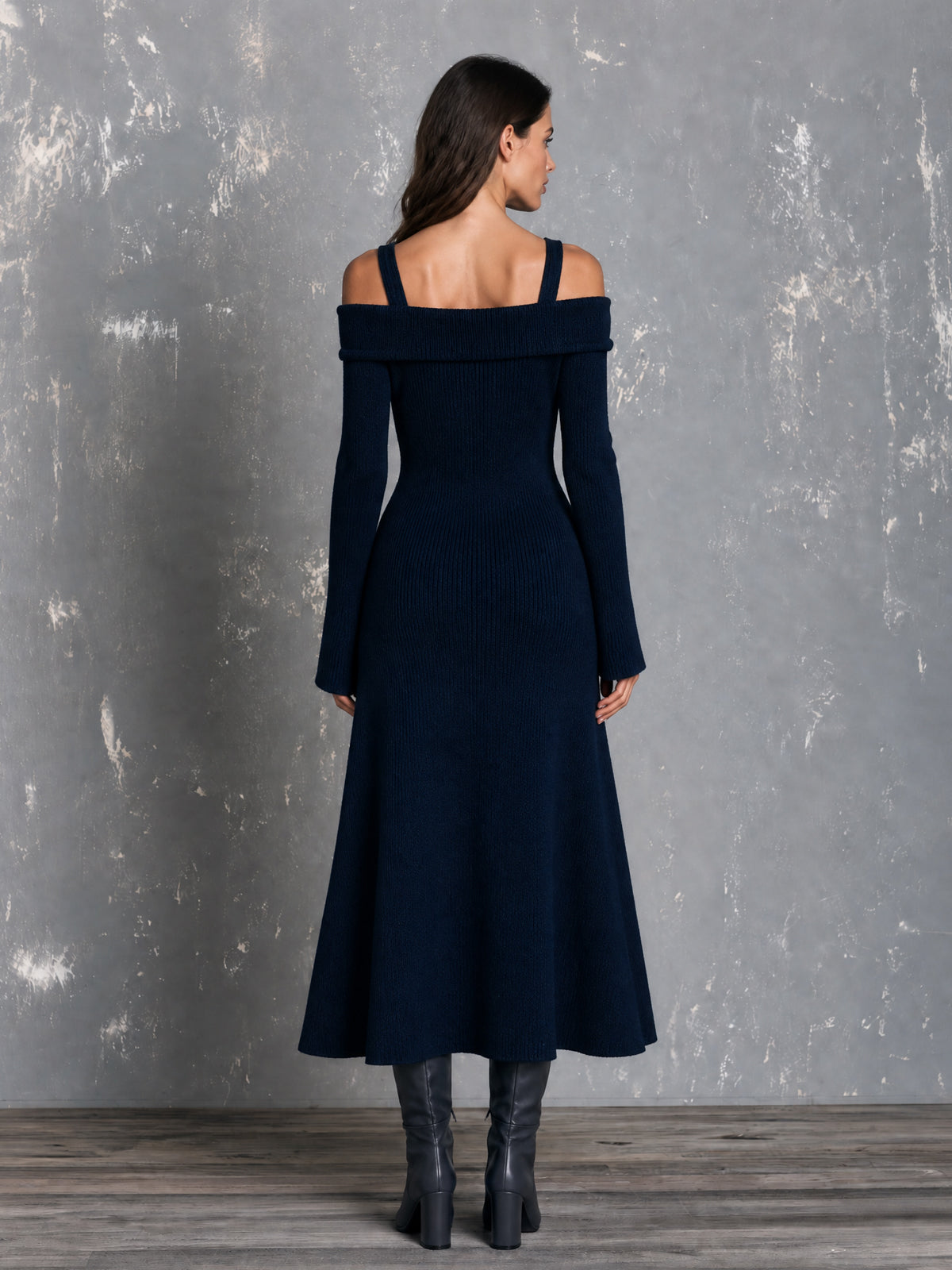 ElevenOra Chic Elegant Navy Blue Off-The-Shoulder Shoulder Straps Long-Flare-Sleeve A-Line Wool Blend Knit Maxi Dress