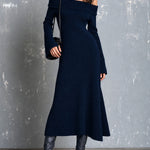 ElevenOra Chic Elegant Navy Blue Off-The-Shoulder Shoulder Straps Long-Flare-Sleeve A-Line Wool Blend Knit Maxi Dress