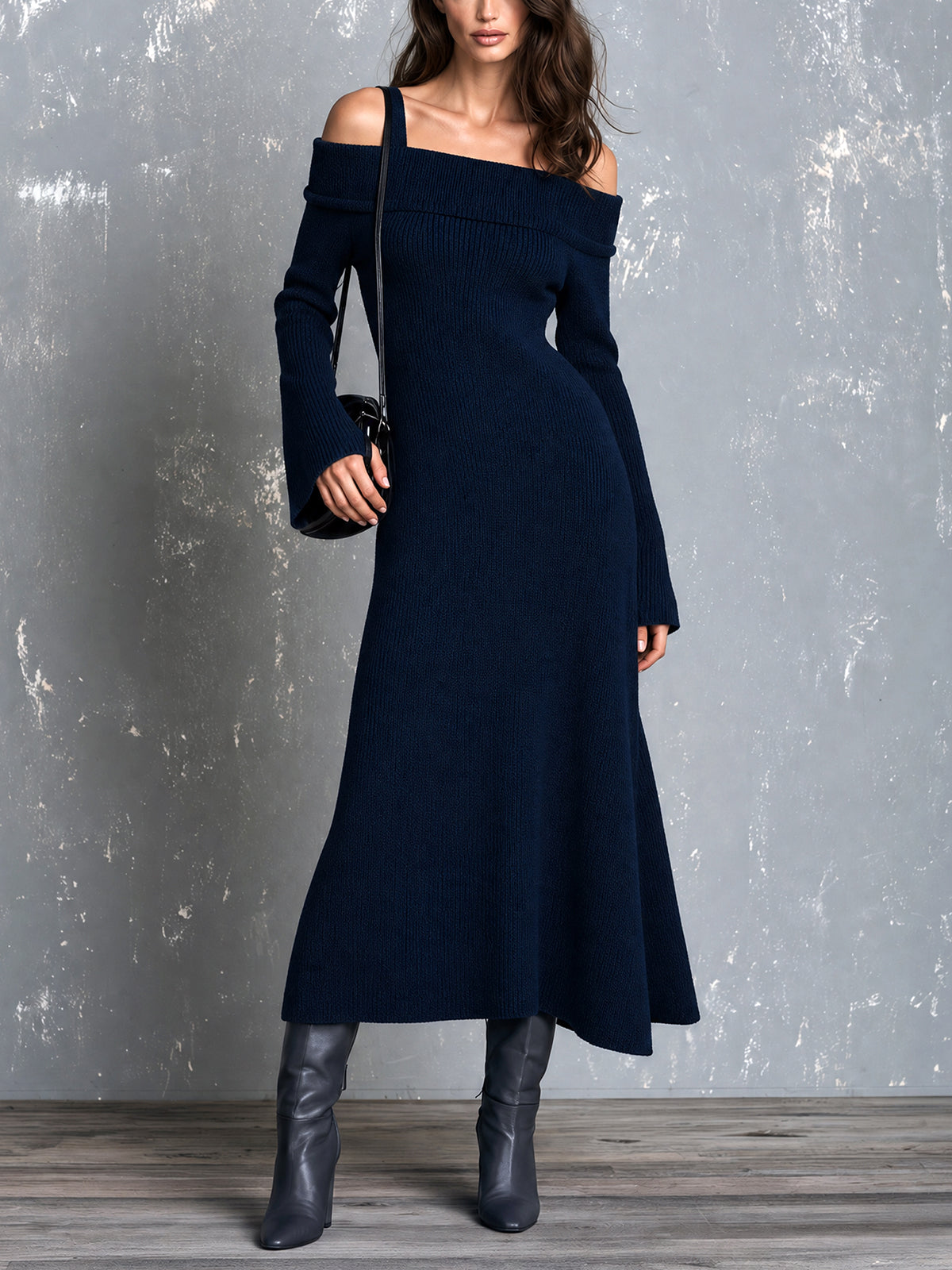 ElevenOra Chic Elegant Navy Blue Off-The-Shoulder Shoulder Straps Long-Flare-Sleeve A-Line Wool Blend Knit Maxi Dress