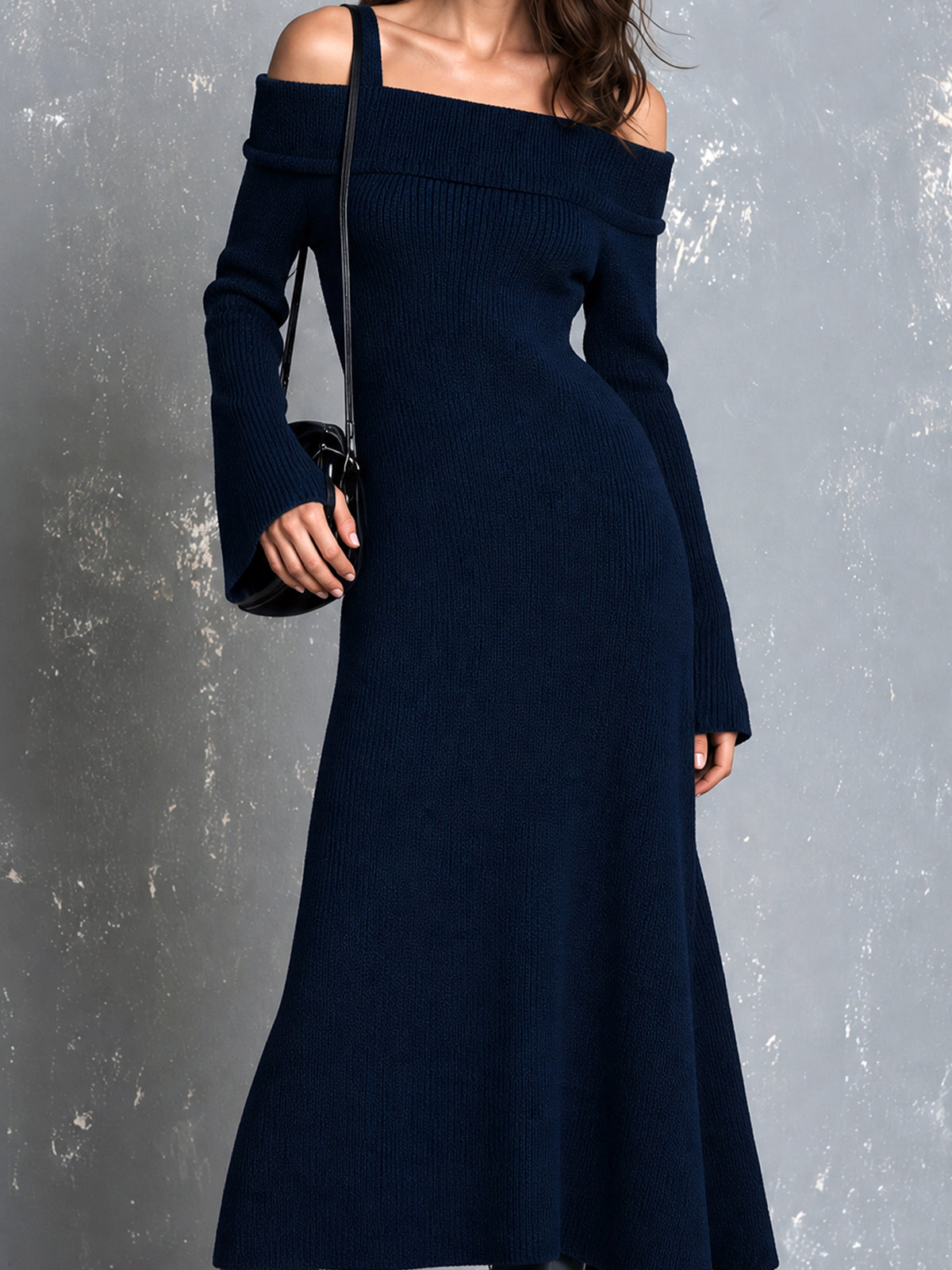 ElevenOra Chic Elegant Navy Blue Off-The-Shoulder Shoulder Straps Long-Flare-Sleeve A-Line Wool Blend Knit Maxi Dress