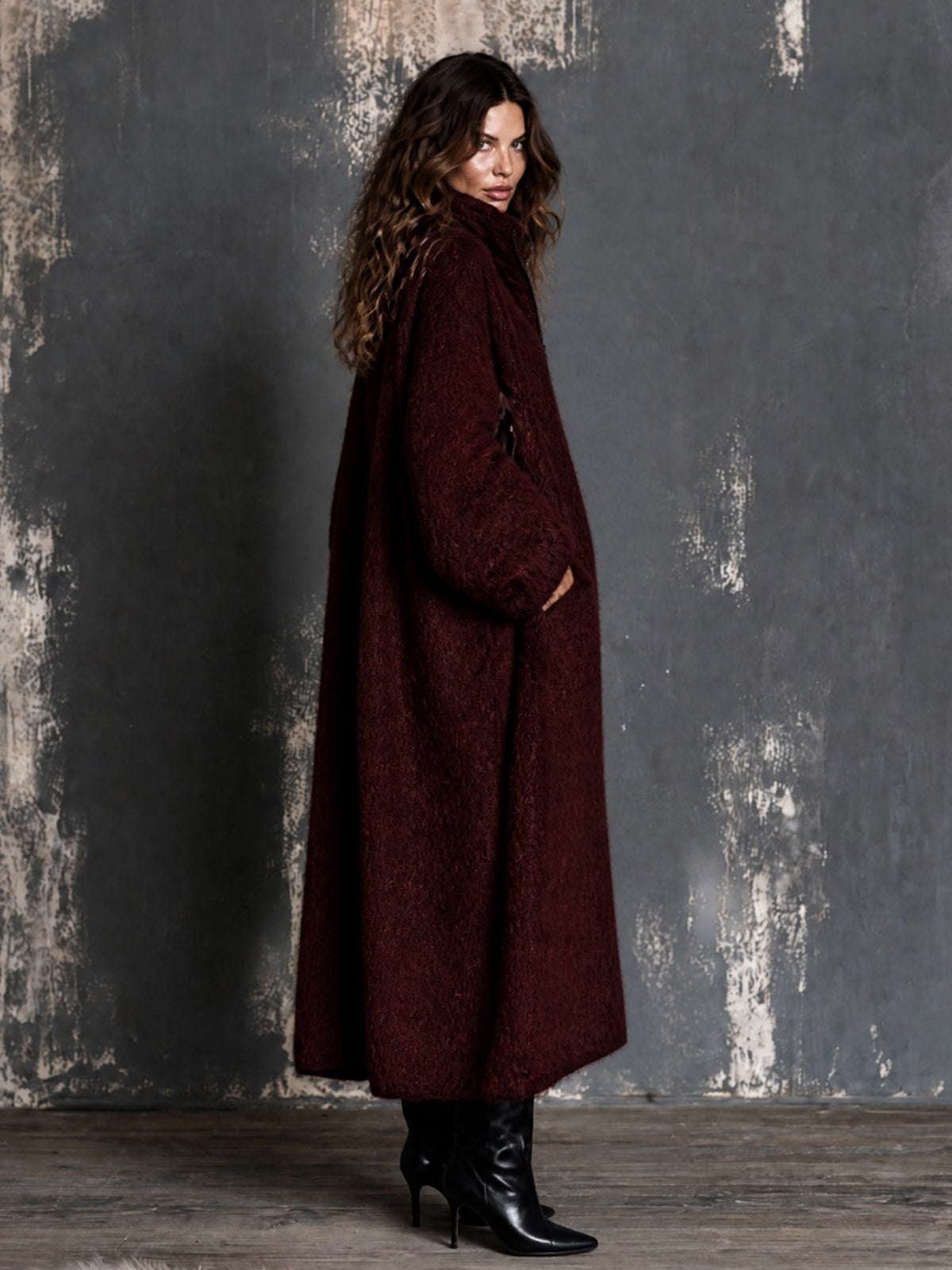 ElevenOra Chic Elegant Burgundy Stand-Collar Zipper-Placket Long-Sleeve Oversized Warm Wool Fuzzy Blend Knit Maxi Cardigan
