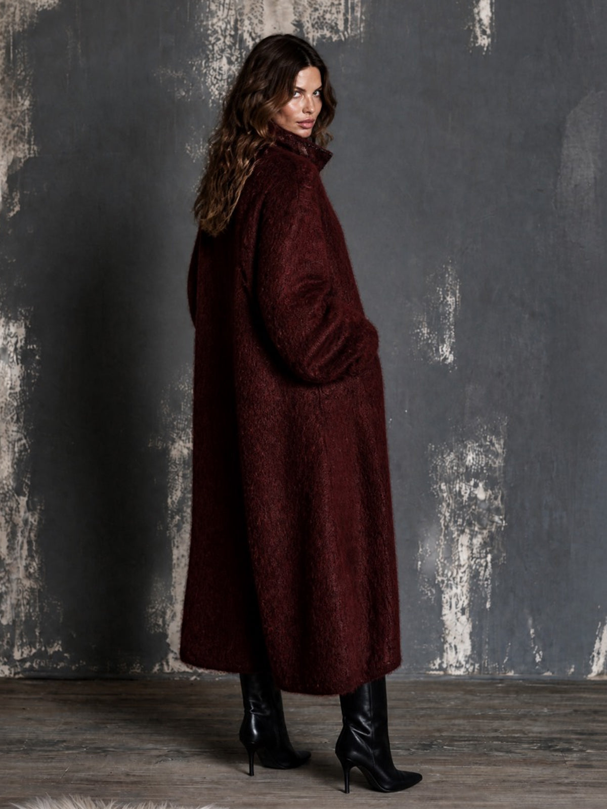 ElevenOra Chic Elegant Burgundy Stand-Collar Zipper-Placket Long-Sleeve Oversized Warm Wool Fuzzy Blend Knit Maxi Cardigan