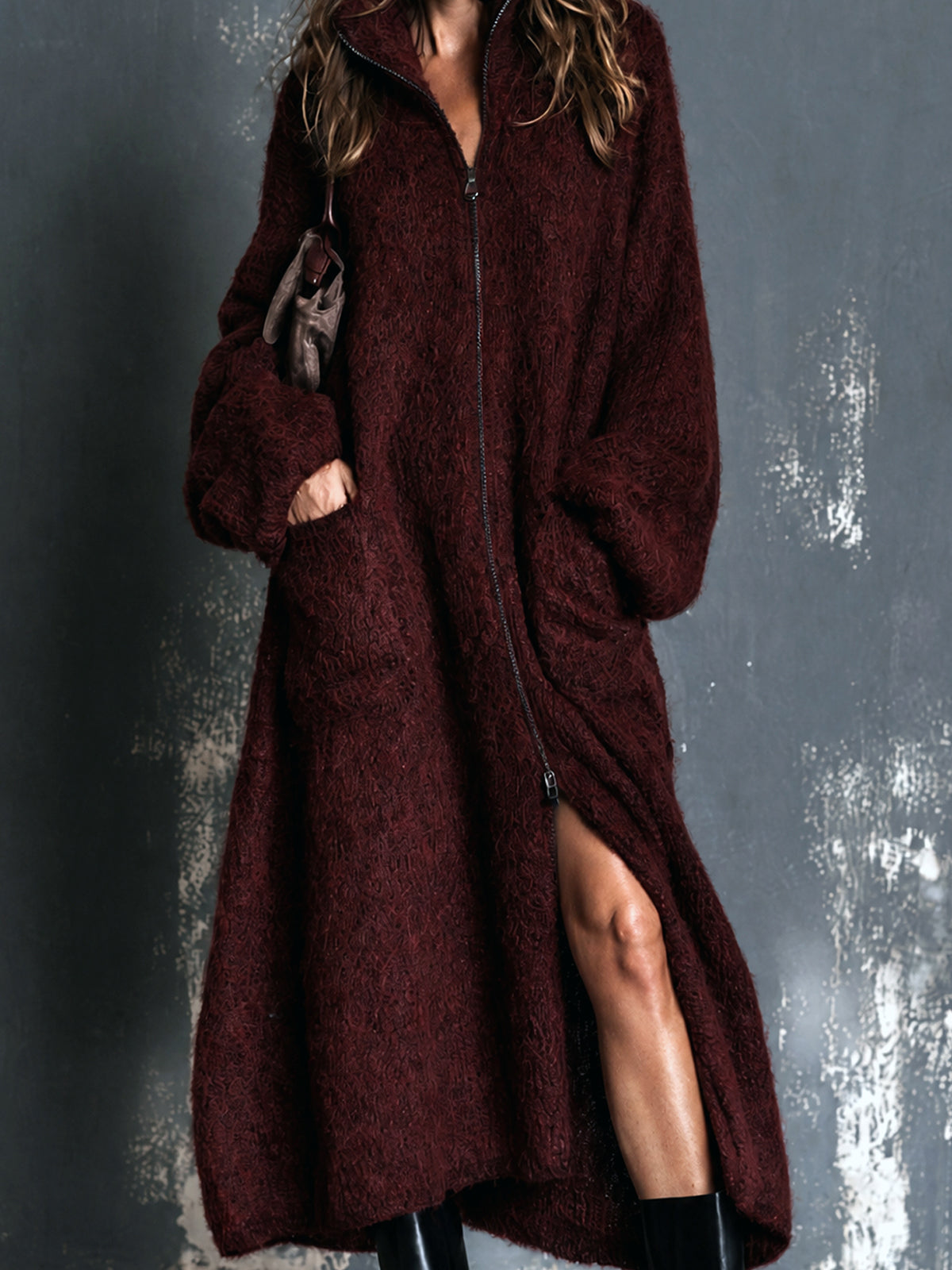 ElevenOra Chic Elegant Burgundy Stand-Collar Zipper-Placket Long-Sleeve Oversized Warm Wool Fuzzy Blend Knit Maxi Cardigan