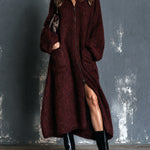 ElevenOra Chic Elegant Burgundy Stand-Collar Zipper-Placket Long-Sleeve Oversized Warm Wool Fuzzy Blend Knit Maxi Cardigan