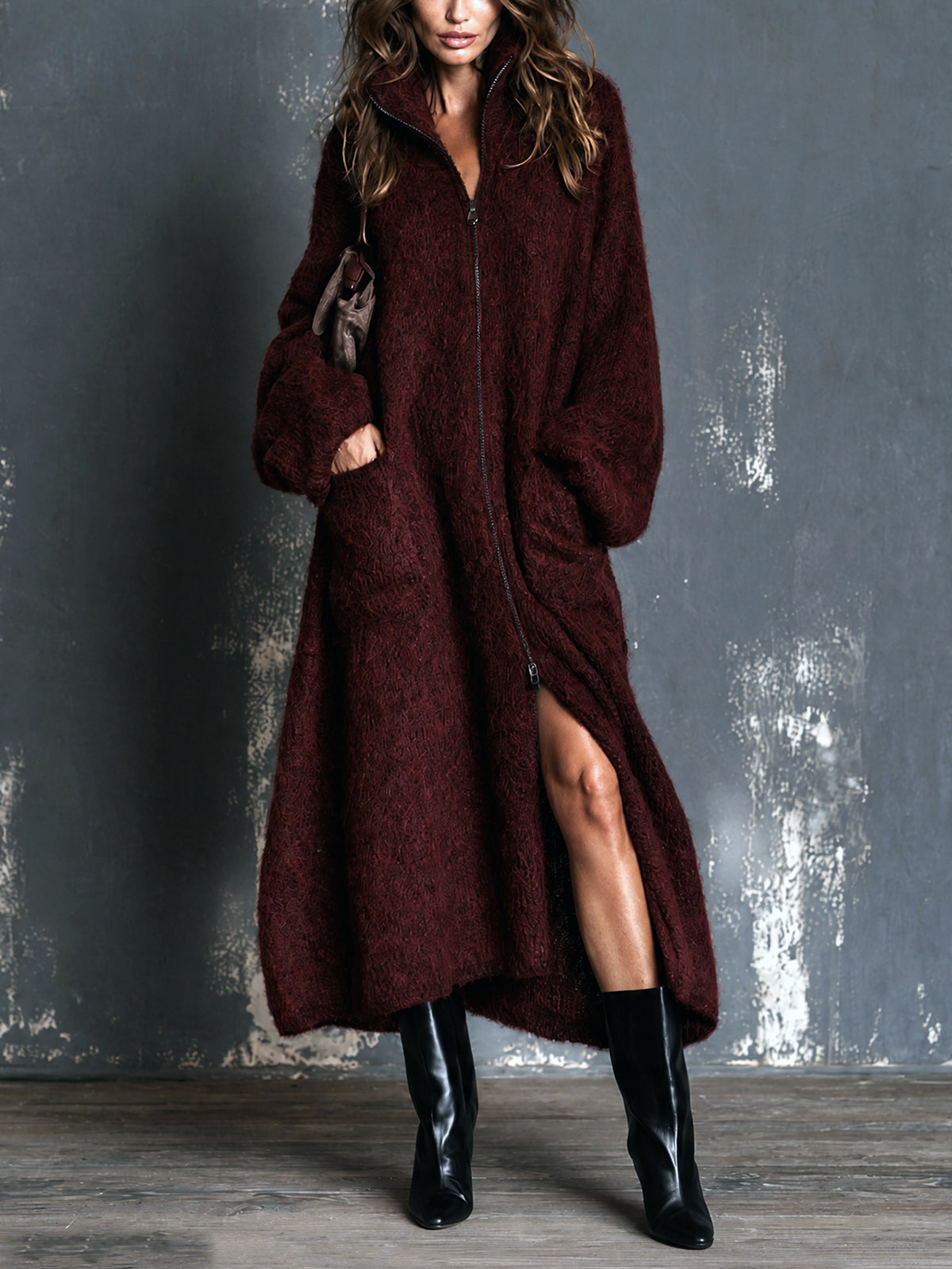 ElevenOra Chic Elegant Burgundy Stand-Collar Zipper-Placket Long-Sleeve Oversized Warm Wool Fuzzy Blend Knit Maxi Cardigan