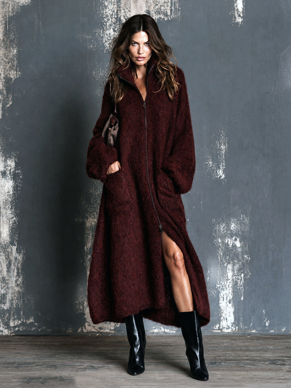 ElevenOra Chic Elegant Burgundy Stand-Collar Zipper-Placket Long-Sleeve Oversized Warm Wool Fuzzy Blend Knit Maxi Cardigan