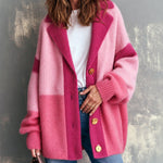 ElevenOra Chic Elegant Pink Colorblock Notched Lapel Dropped-Shoulder Long-Sleeve Single-Breasted Warm Mohair Blend Knit Cardigan