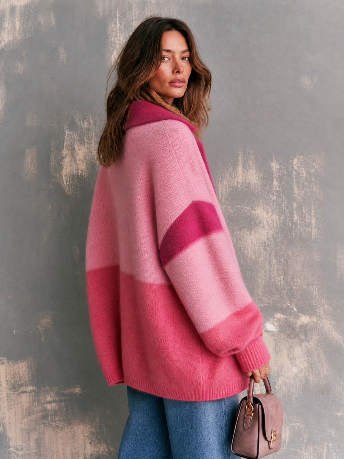 ElevenOra Chic Elegant Pink Colorblock Notched Lapel Dropped-Shoulder Long-Sleeve Single-Breasted Warm Mohair Blend Knit Cardigan