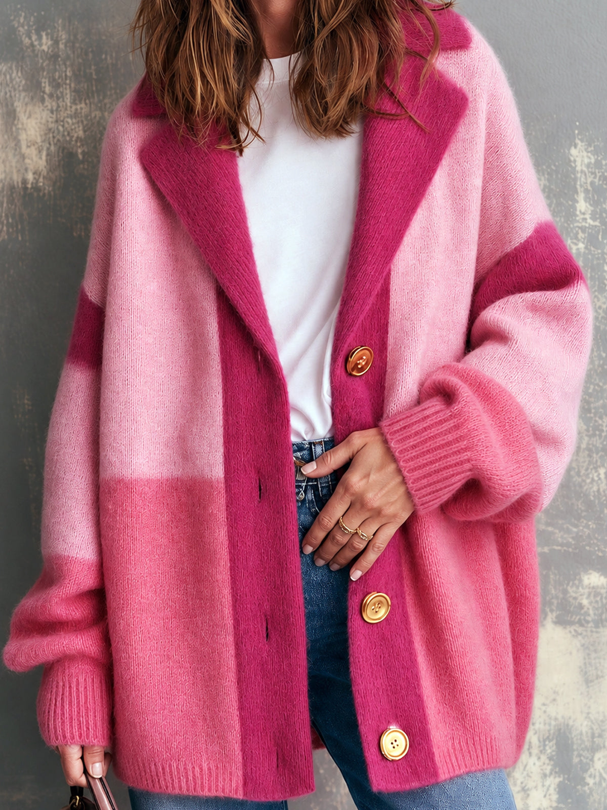 ElevenOra Chic Elegant Pink Colorblock Notched Lapel Dropped-Shoulder Long-Sleeve Single-Breasted Warm Mohair Blend Knit Cardigan
