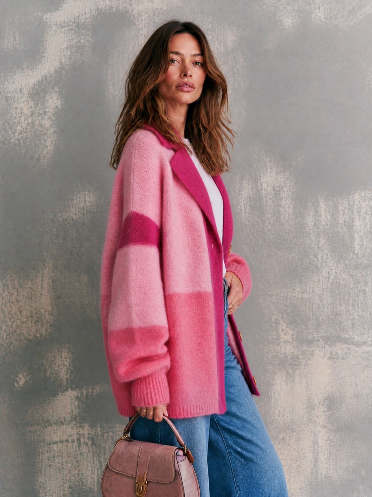 ElevenOra Chic Elegant Pink Colorblock Notched Lapel Dropped-Shoulder Long-Sleeve Single-Breasted Warm Mohair Blend Knit Cardigan