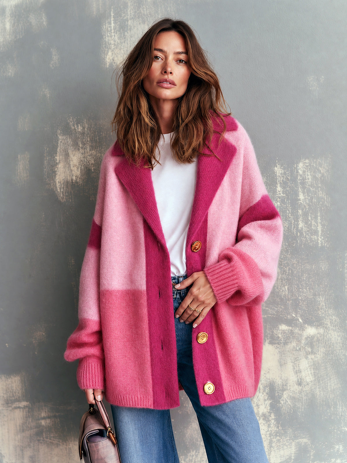 ElevenOra Chic Elegant Pink Colorblock Notched Lapel Dropped-Shoulder Long-Sleeve Single-Breasted Warm Mohair Blend Knit Cardigan