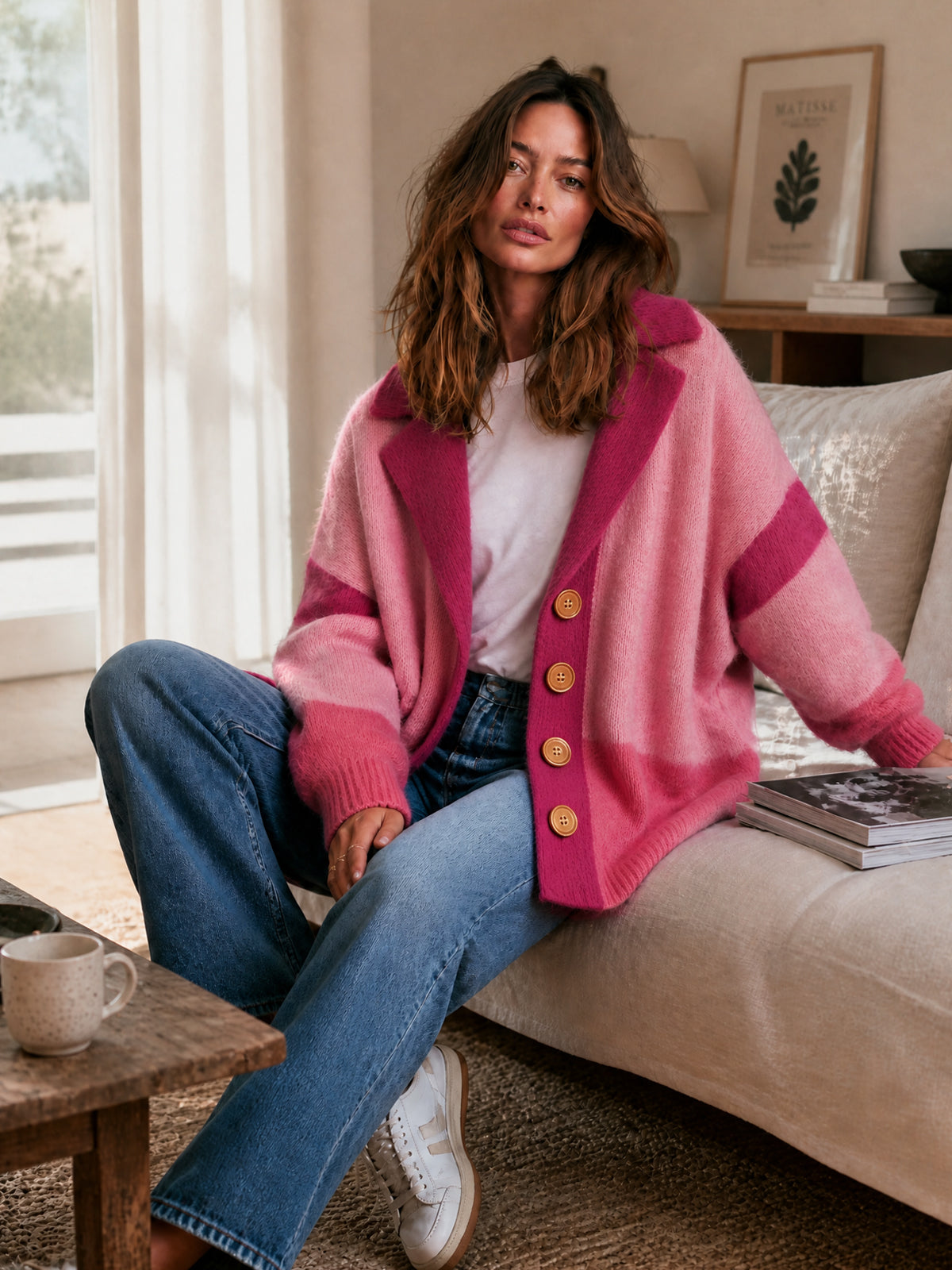 ElevenOra Chic Elegant Pink Colorblock Notched Lapel Dropped-Shoulder Long-Sleeve Single-Breasted Warm Mohair Blend Knit Cardigan
