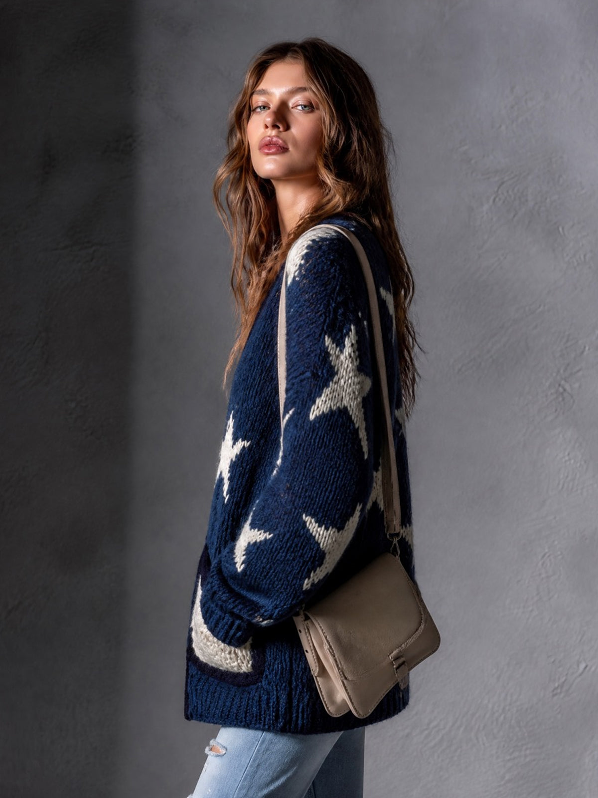 ElevenOra Chic Casual Navy Blue-White Star Jacquard V-Neck Long-Sleeve Zipper-Front Contrast Trim Detail Patch Pockets Wool Blend Knit Cardigan