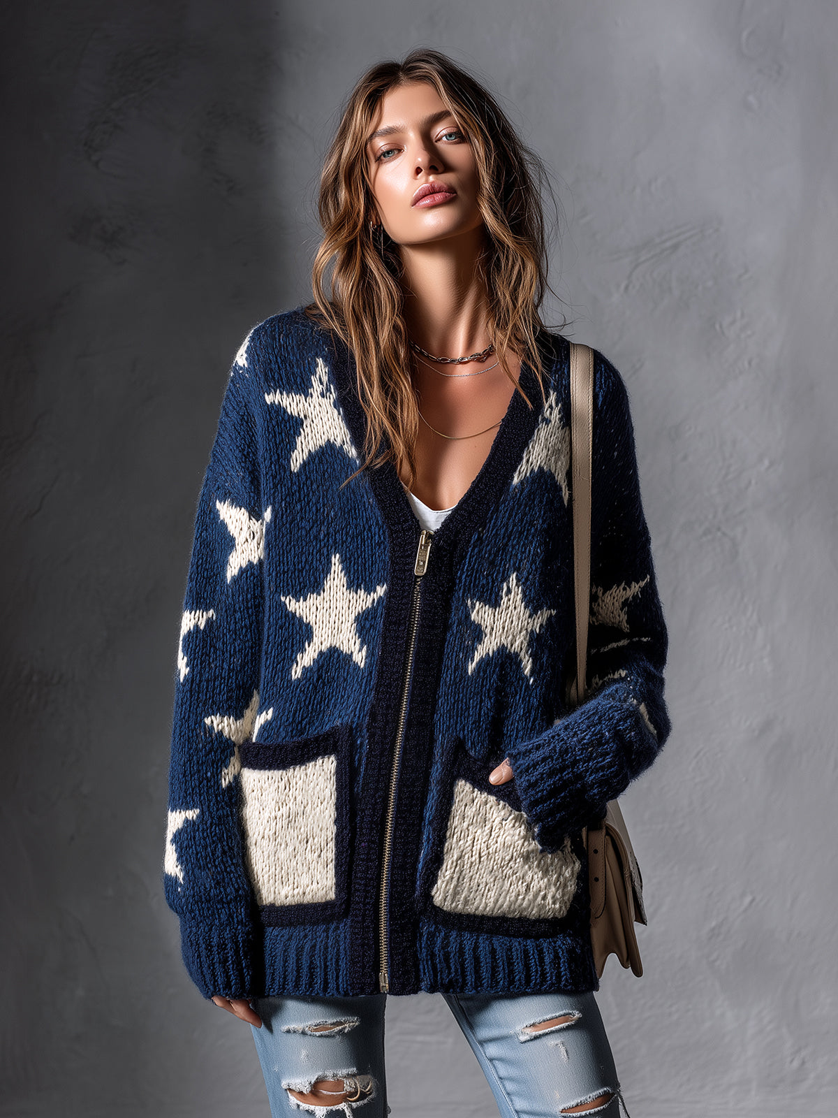 ElevenOra Chic Casual Navy Blue-White Star Jacquard V-Neck Long-Sleeve Zipper-Front Contrast Trim Detail Patch Pockets Wool Blend Knit Cardigan