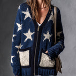 ElevenOra Chic Casual Navy Blue-White Star Jacquard V-Neck Long-Sleeve Zipper-Front Contrast Trim Detail Patch Pockets Wool Blend Knit Cardigan