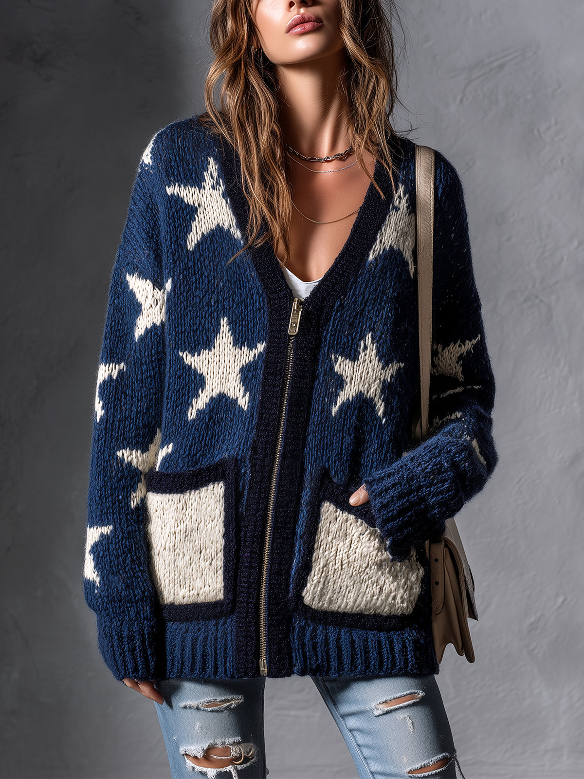 ElevenOra Chic Casual Navy Blue-White Star Jacquard V-Neck Long-Sleeve Zipper-Front Contrast Trim Detail Patch Pockets Wool Blend Knit Cardigan