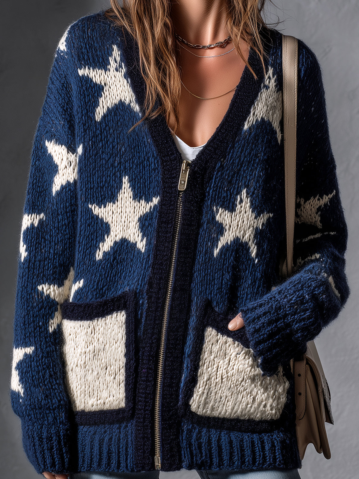 ElevenOra Chic Casual Navy Blue-White Star Jacquard V-Neck Long-Sleeve Zipper-Front Contrast Trim Detail Patch Pockets Wool Blend Knit Cardigan