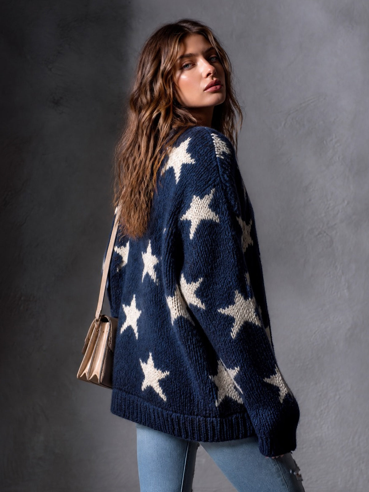 ElevenOra Chic Casual Navy Blue-White Star Jacquard V-Neck Long-Sleeve Zipper-Front Contrast Trim Detail Patch Pockets Wool Blend Knit Cardigan