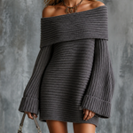 ElevenOra Chic Casual Dark Grey Off‑The‑Shoulder Fold‑Over Wide Flare Long-Sleeve Loose-Fit Ribbed Knit Mini Dress