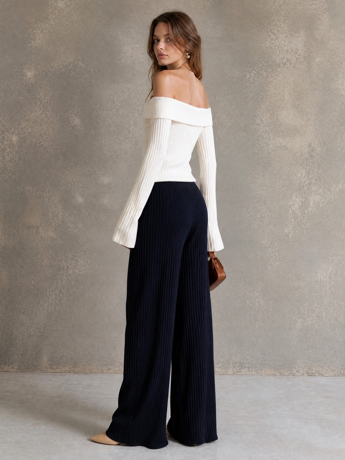 ElevenOra Chic Elegant Beige Off-The-Shoulder Long-Flare-Sleeve Single-Breasted Cardigan Top Navy Blue Wide-Leg Pants Ribbed Knit Two-Piece Set