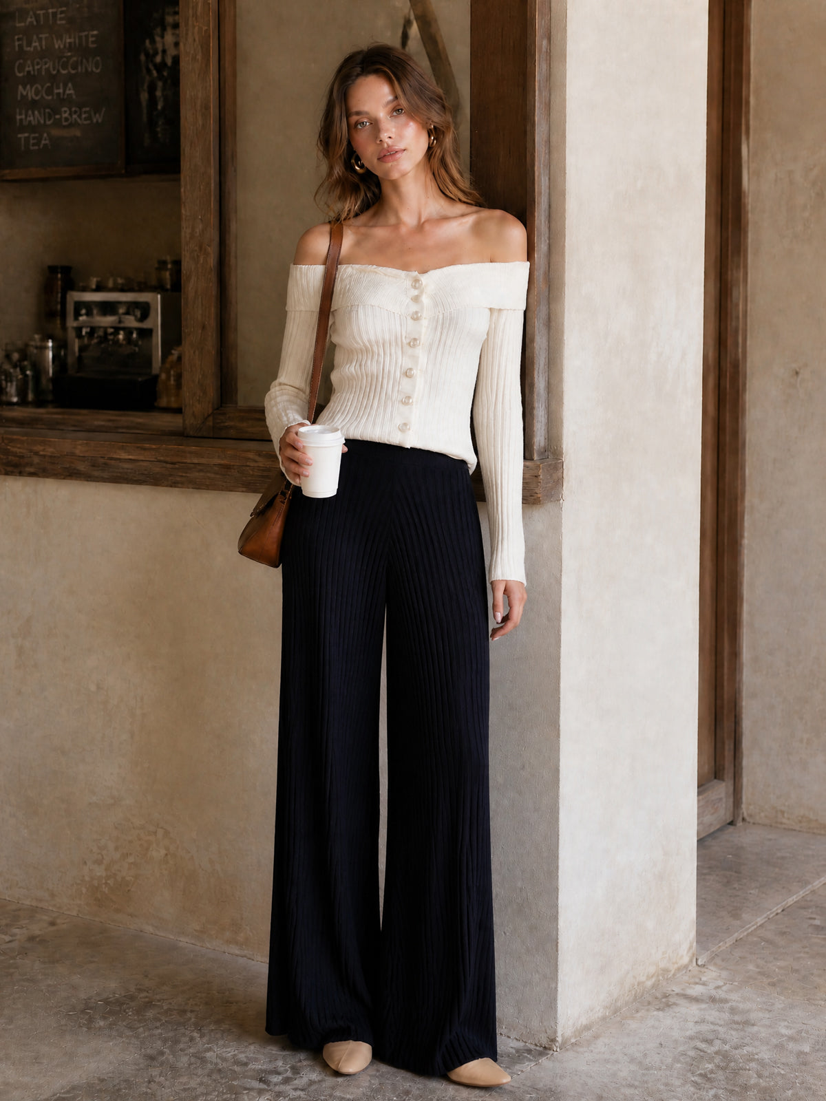 ElevenOra Chic Elegant Beige Off-The-Shoulder Long-Flare-Sleeve Single-Breasted Cardigan Top Navy Blue Wide-Leg Pants Ribbed Knit Two-Piece Set