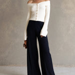 ElevenOra Chic Elegant Beige Off-The-Shoulder Long-Flare-Sleeve Single-Breasted Cardigan Top Navy Blue Wide-Leg Pants Ribbed Knit Two-Piece Set