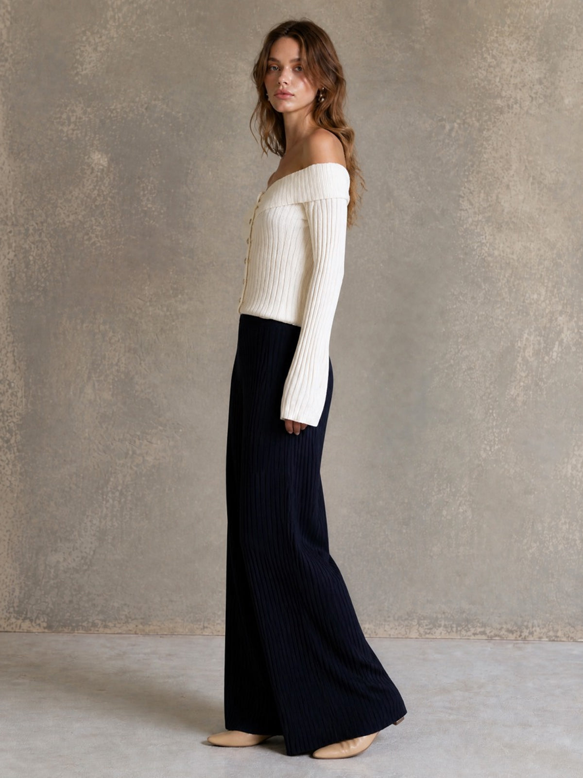 ElevenOra Chic Elegant Beige Off-The-Shoulder Long-Flare-Sleeve Single-Breasted Cardigan Top Navy Blue Wide-Leg Pants Ribbed Knit Two-Piece Set