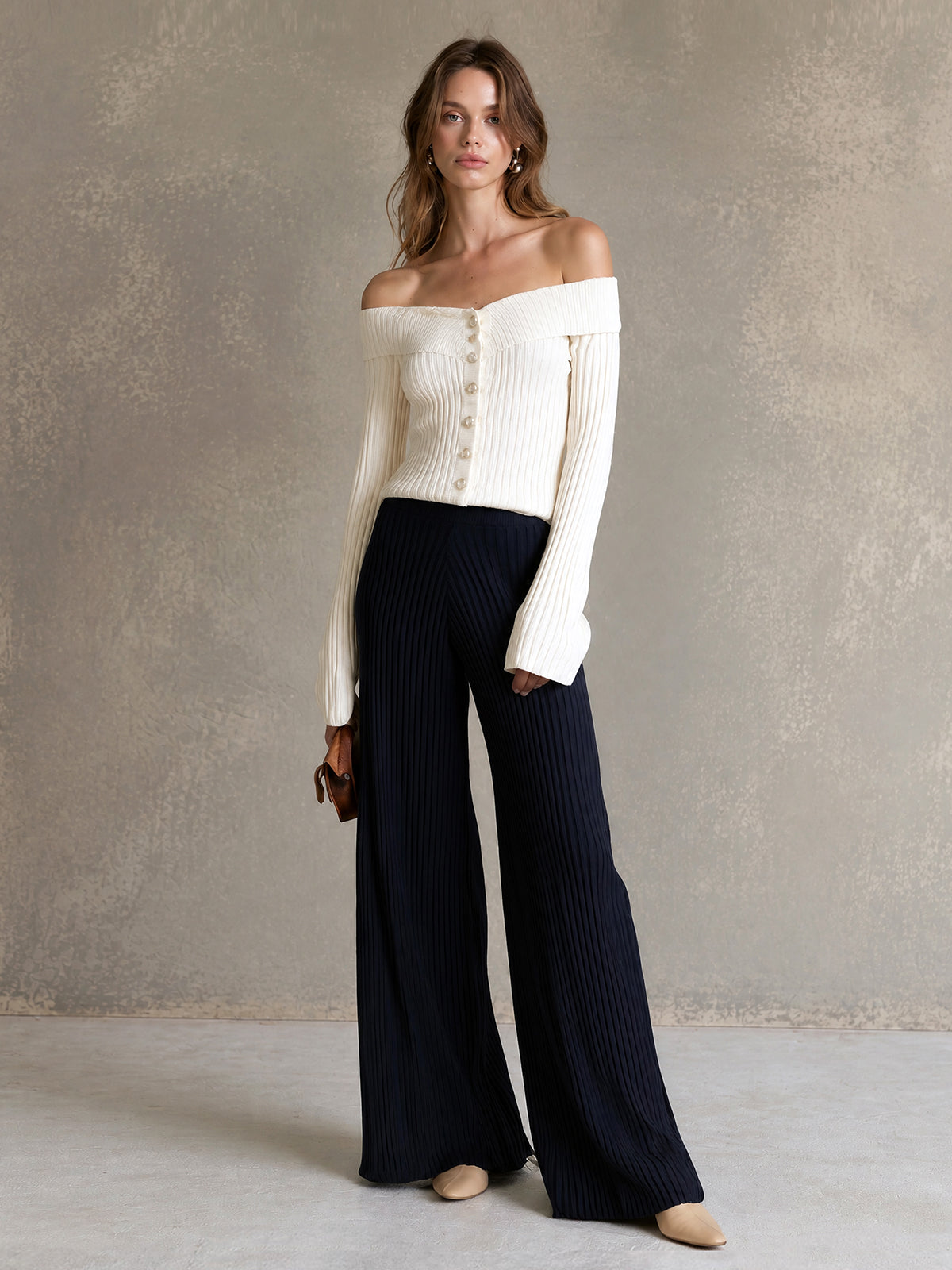ElevenOra Chic Elegant Beige Off-The-Shoulder Long-Flare-Sleeve Single-Breasted Cardigan Top Navy Blue Wide-Leg Pants Ribbed Knit Two-Piece Set