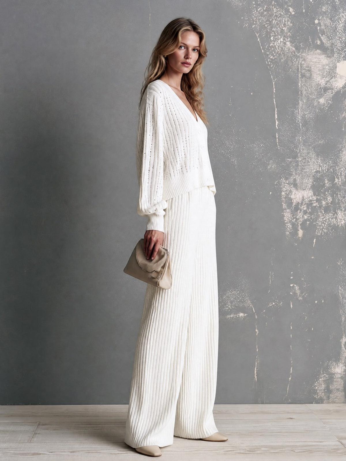 ElevenOra Chic Elegant Cream White V-Neck Long-Sleeve Single-Breasted Hollow-Out Cardigan Ribbed Wide-Leg Pants Knit Two-Piece Set