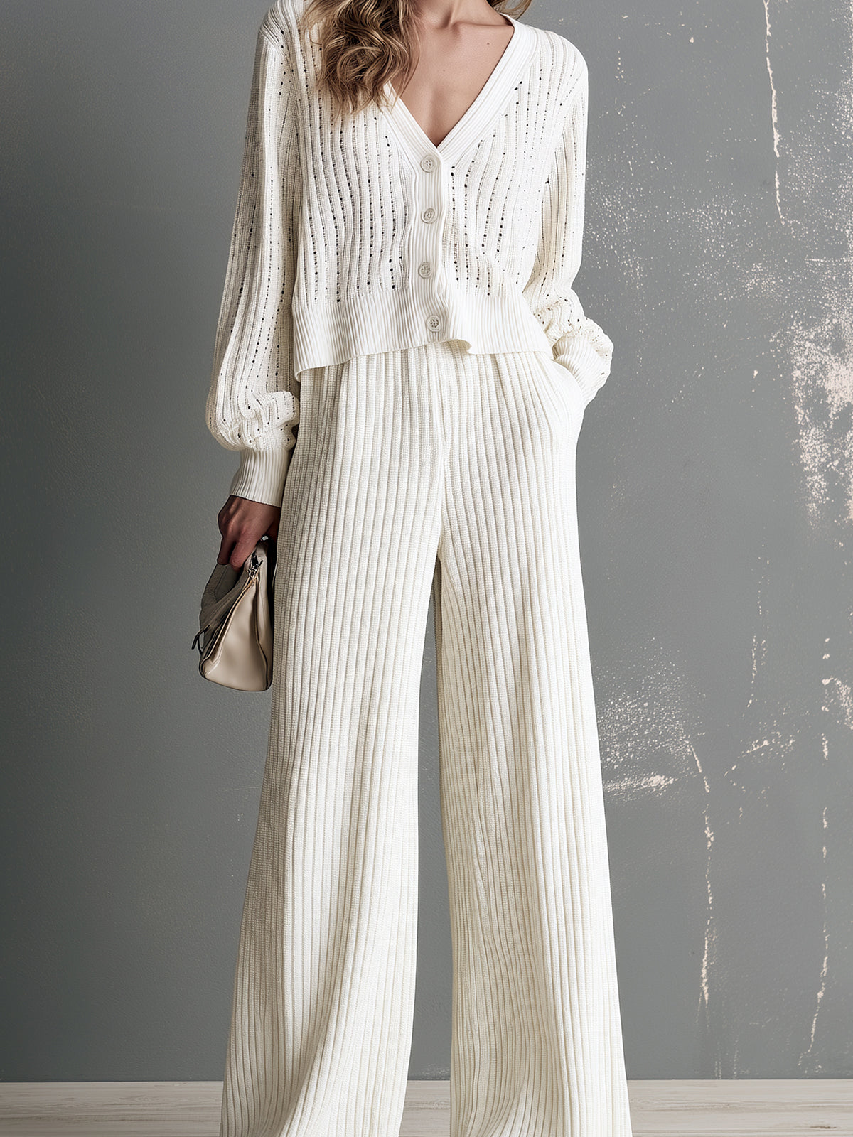 ElevenOra Chic Elegant Cream White V-Neck Long-Sleeve Single-Breasted Hollow-Out Cardigan Ribbed Wide-Leg Pants Knit Two-Piece Set