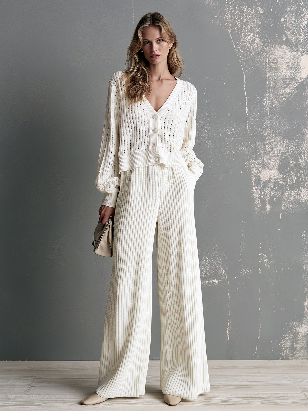 ElevenOra Chic Elegant Cream White V-Neck Long-Sleeve Single-Breasted Hollow-Out Cardigan Ribbed Wide-Leg Pants Knit Two-Piece Set