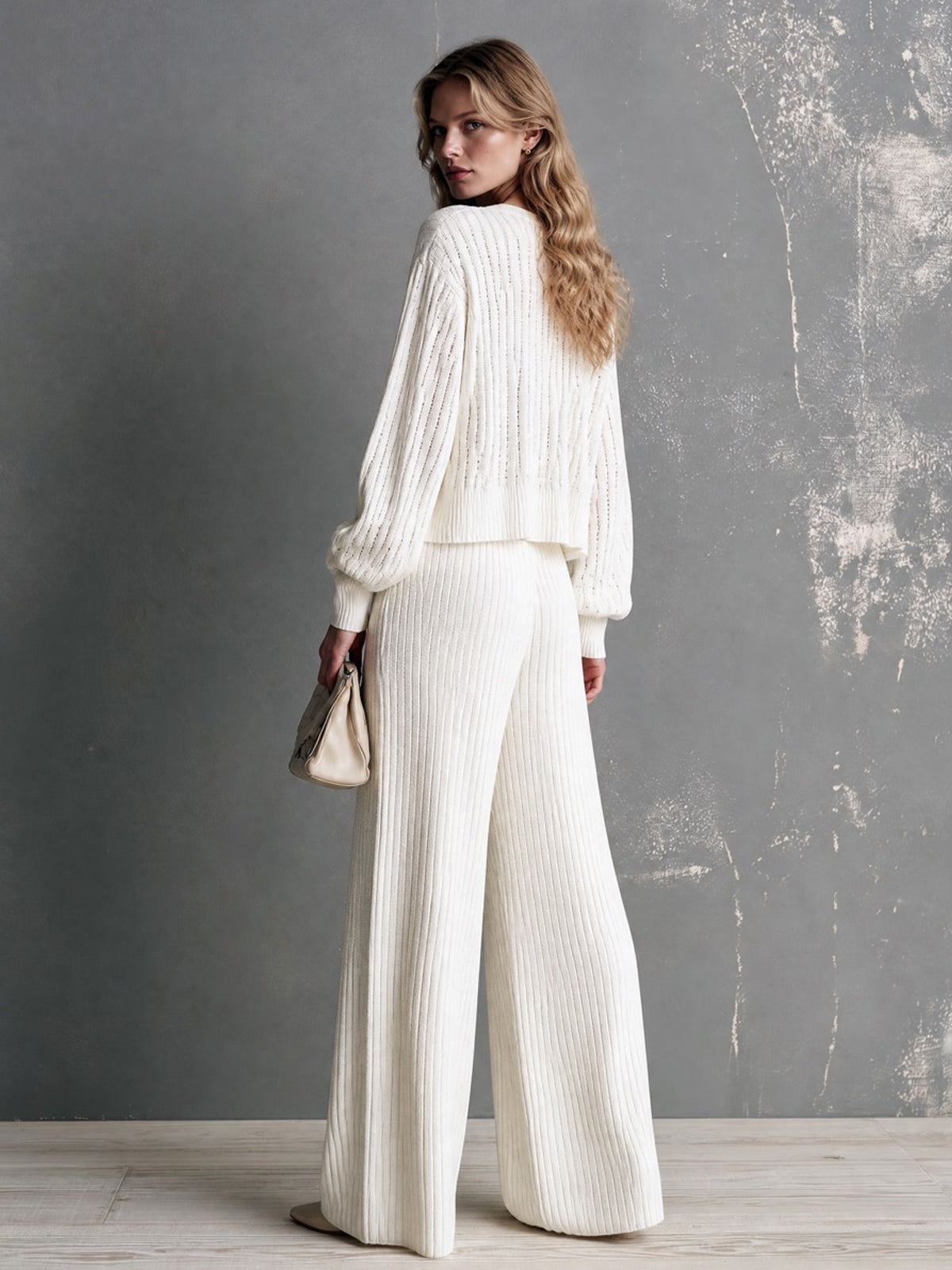 ElevenOra Chic Elegant Cream White V-Neck Long-Sleeve Single-Breasted Hollow-Out Cardigan Ribbed Wide-Leg Pants Knit Two-Piece Set