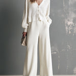 ElevenOra Chic Elegant Cream White V-Neck Long-Sleeve Single-Breasted Hollow-Out Cardigan Ribbed Wide-Leg Pants Knit Two-Piece Set