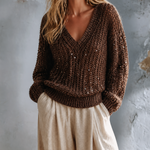 ElevenOra Chic Casual Brown V‑Neck Sequins Dropped-Shoulder Long-Sleeve Loose-Fit Chunky Knit Sweater