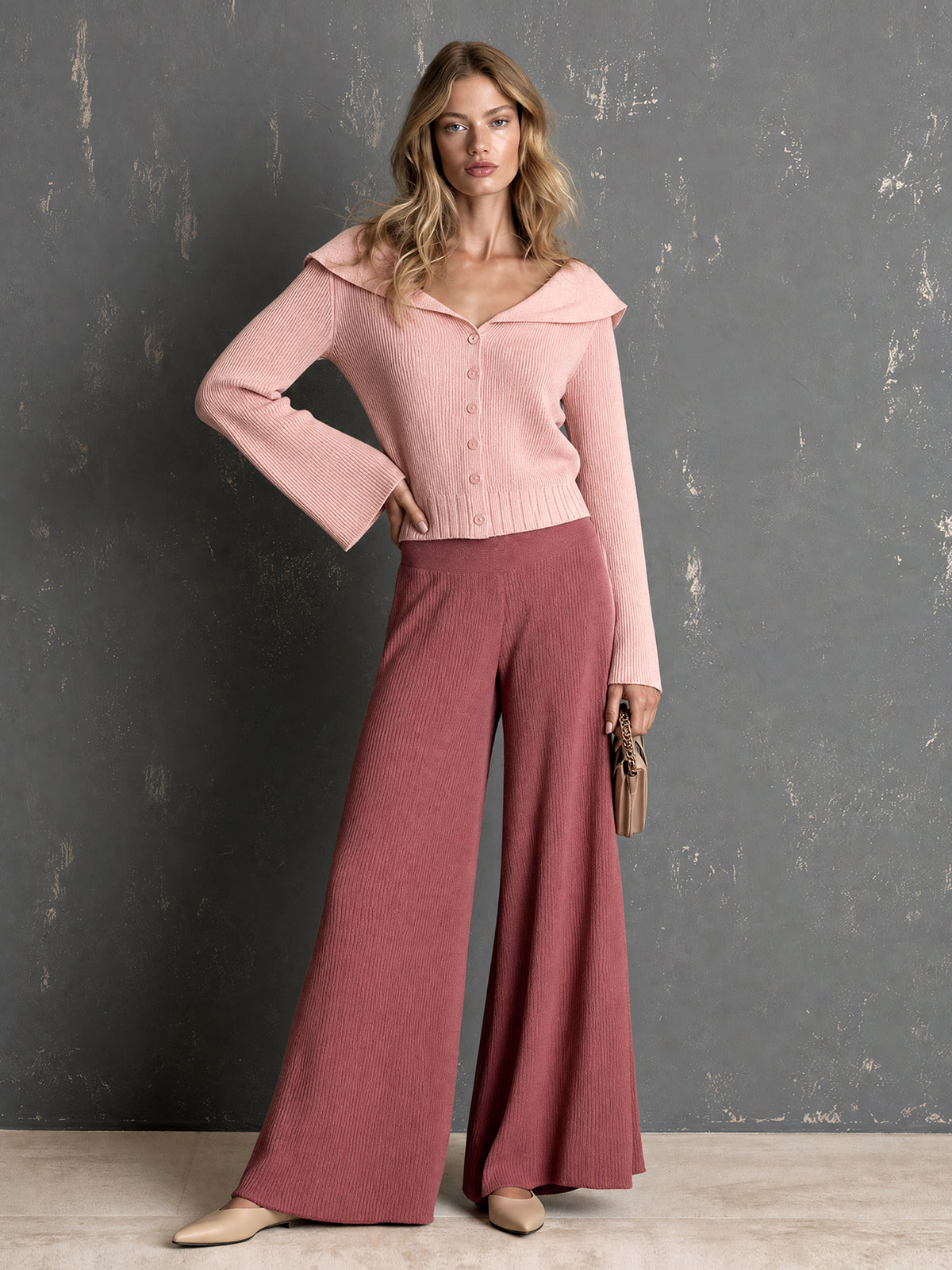 ElevenOra Chic Elegant Pink Peter Pan Collar Long-Flare-Sleeve Single-Breasted Cardigan Elastic-Waist Wide-Leg Pants Ribbed Knit Two-Piece Set