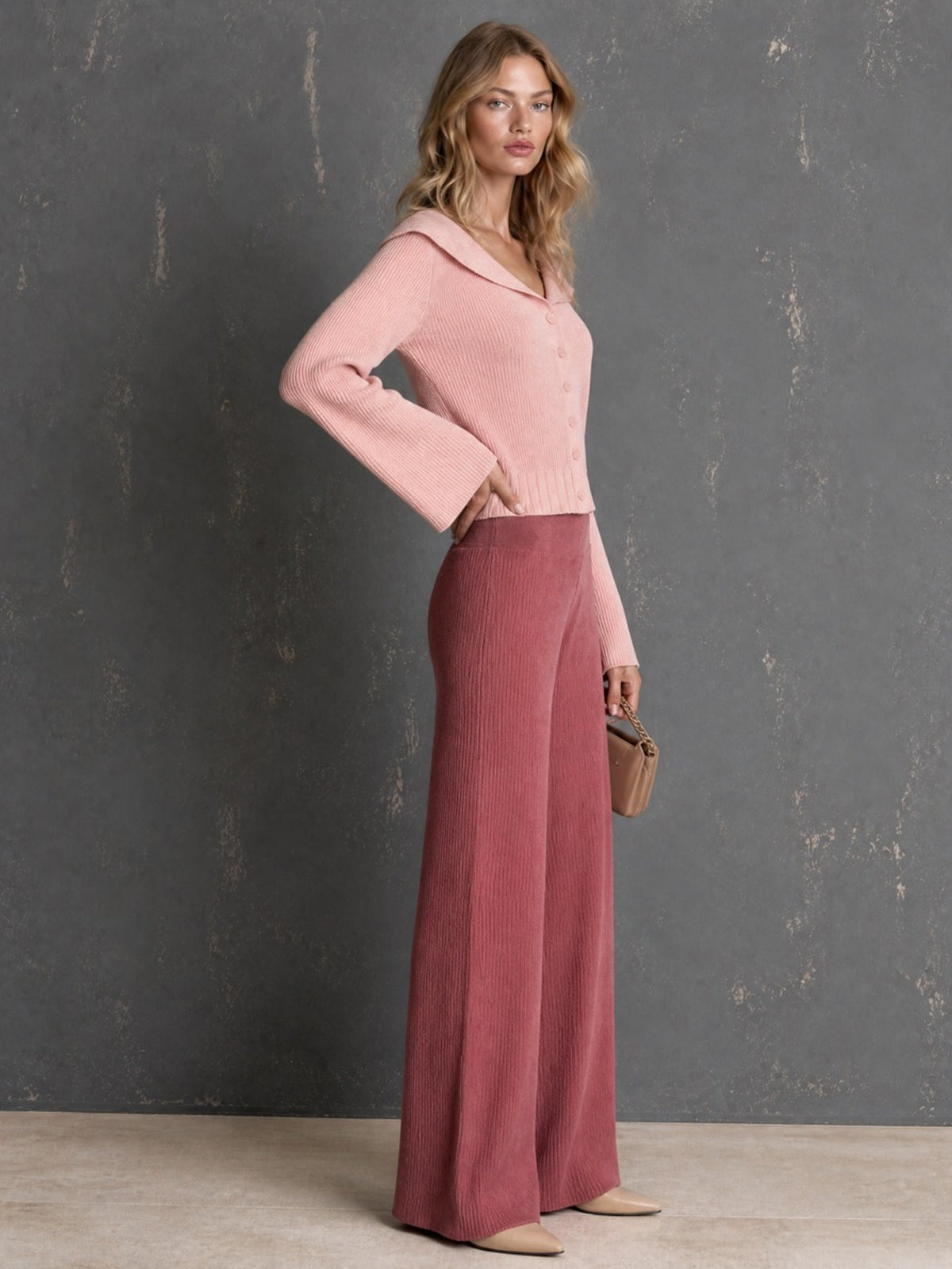 ElevenOra Chic Elegant Pink Peter Pan Collar Long-Flare-Sleeve Single-Breasted Cardigan Elastic-Waist Wide-Leg Pants Ribbed Knit Two-Piece Set