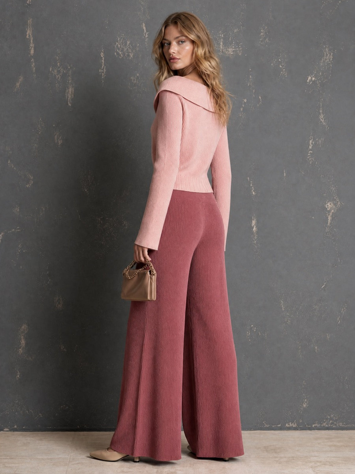 ElevenOra Chic Elegant Pink Peter Pan Collar Long-Flare-Sleeve Single-Breasted Cardigan Elastic-Waist Wide-Leg Pants Ribbed Knit Two-Piece Set