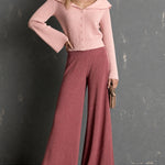 ElevenOra Chic Elegant Pink Peter Pan Collar Long-Flare-Sleeve Single-Breasted Cardigan Elastic-Waist Wide-Leg Pants Ribbed Knit Two-Piece Set