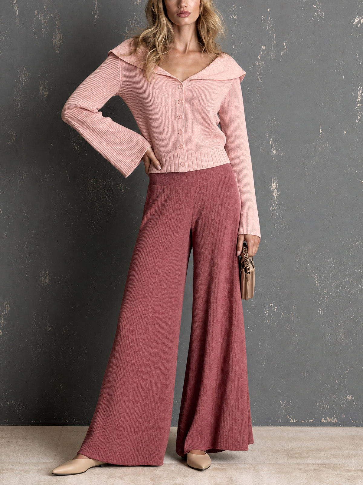ElevenOra Chic Elegant Pink Peter Pan Collar Long-Flare-Sleeve Single-Breasted Cardigan Elastic-Waist Wide-Leg Pants Ribbed Knit Two-Piece Set