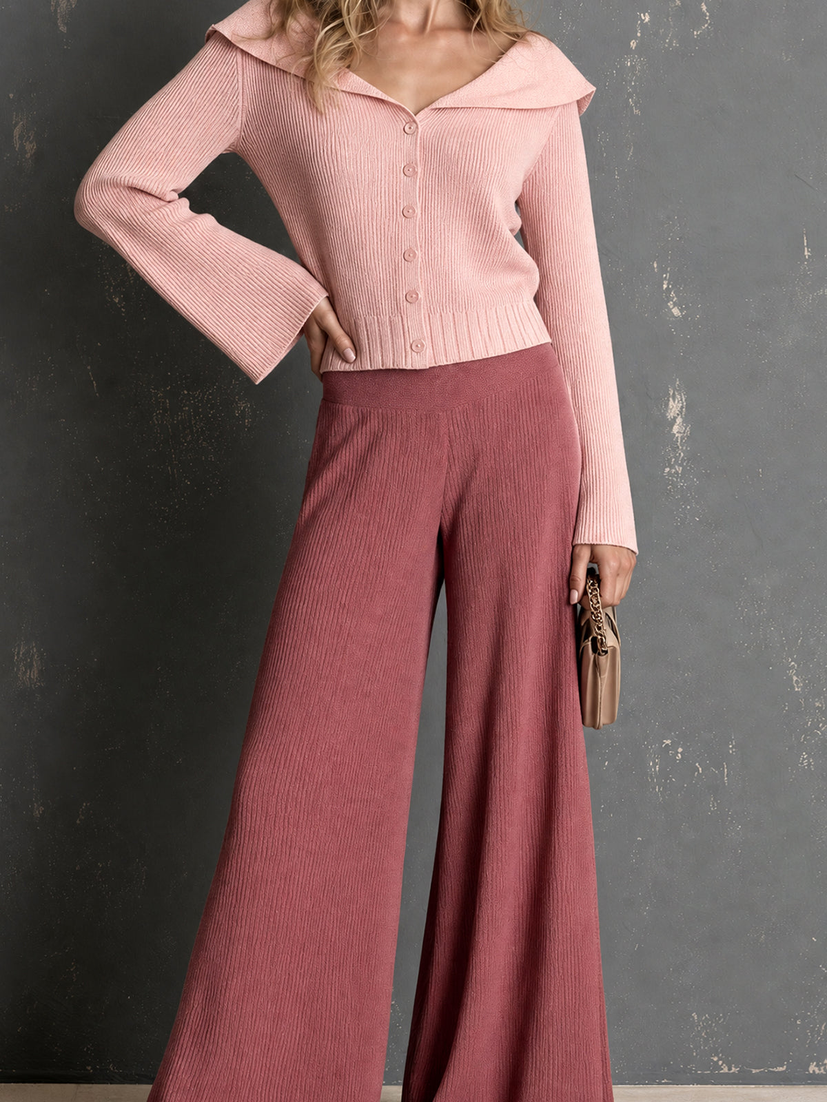 ElevenOra Chic Elegant Pink Peter Pan Collar Long-Flare-Sleeve Single-Breasted Cardigan Elastic-Waist Wide-Leg Pants Ribbed Knit Two-Piece Set