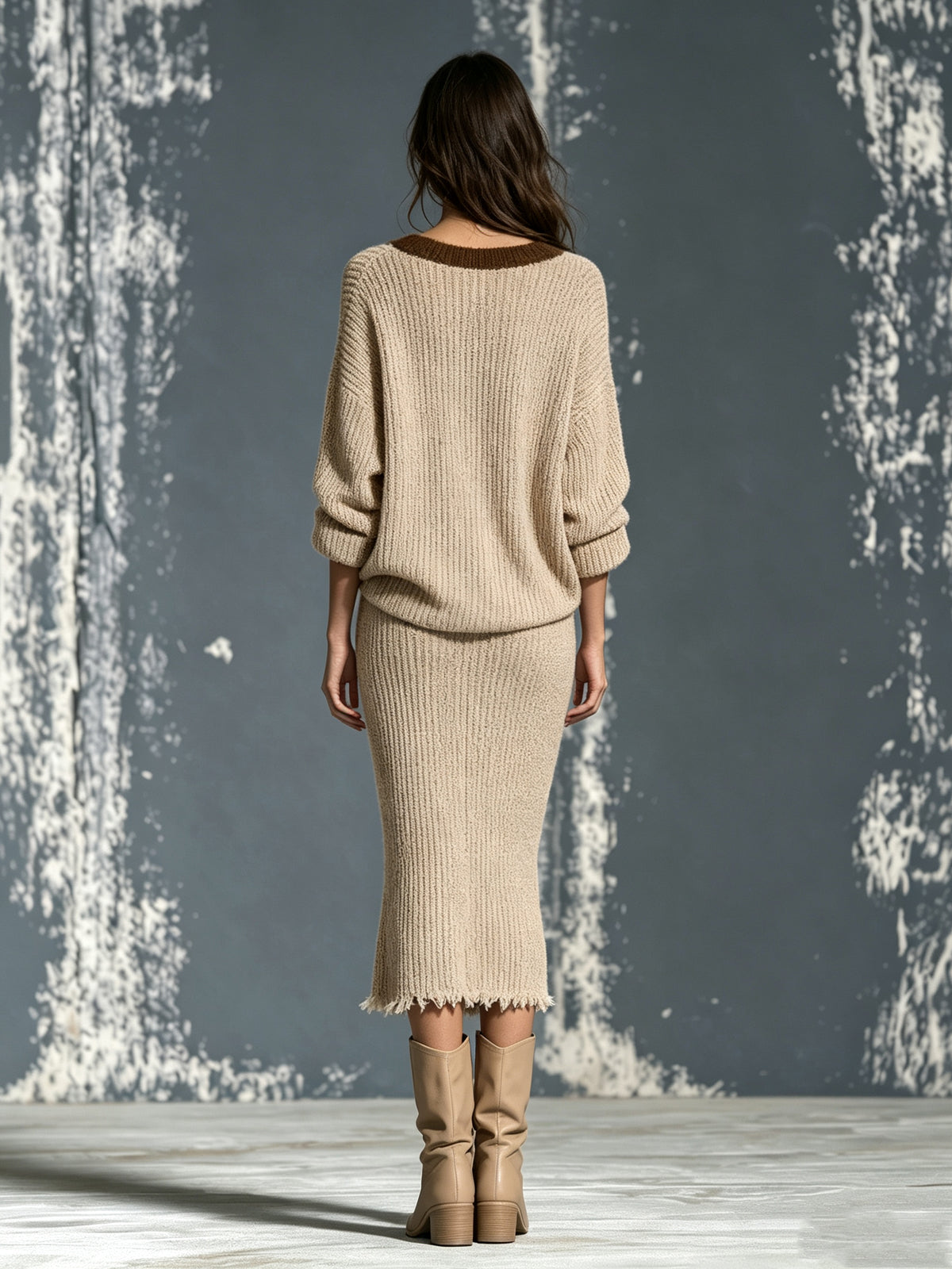 ElevenOra Chic Elegant Camel One-Shoulder Long-Sleeve Brown Trim Detail Loose-Fit Sweater Raw Edged Midi Skirt Ribbed Knit Two-Piece Set