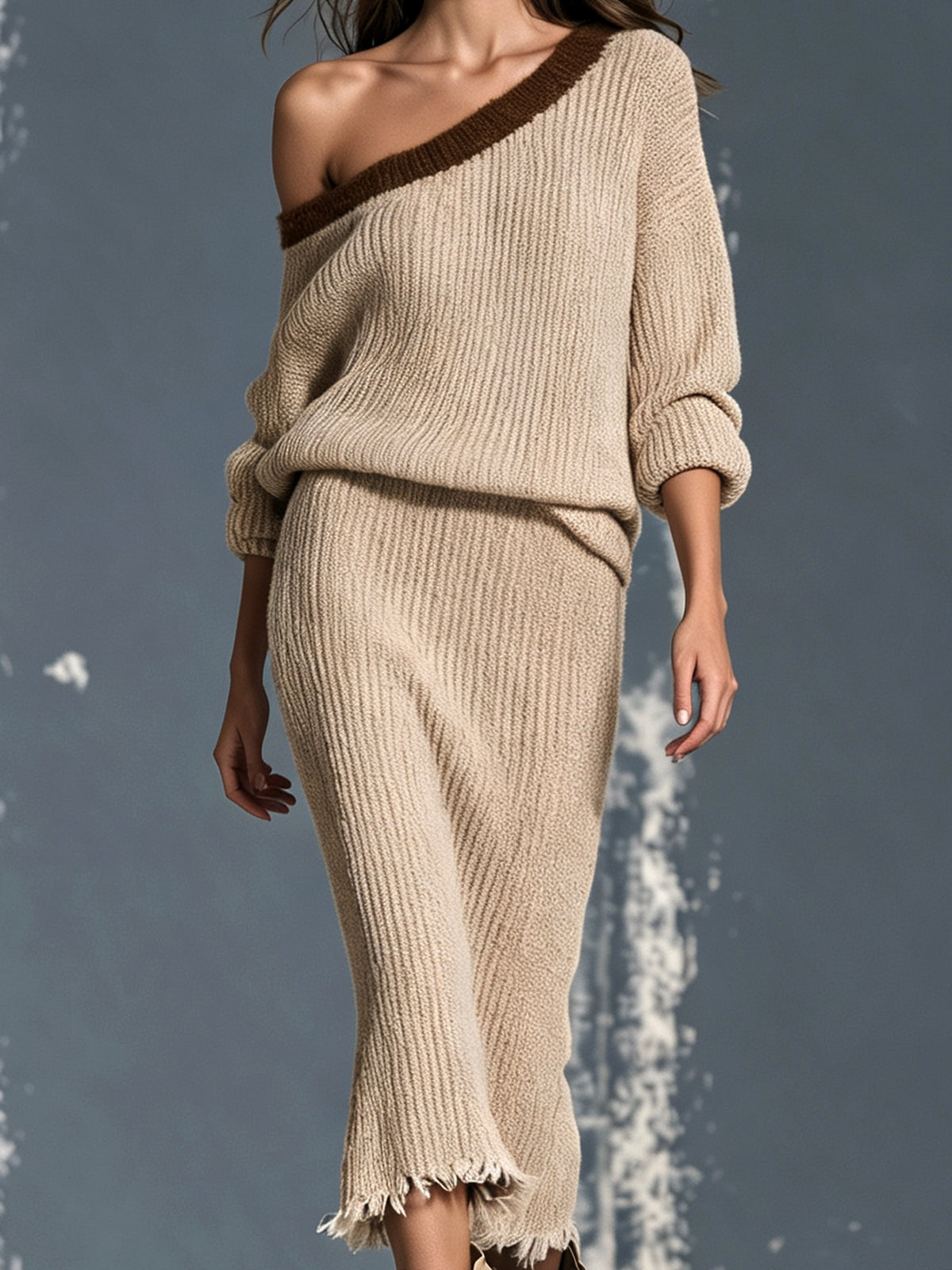 ElevenOra Chic Elegant Camel One-Shoulder Long-Sleeve Brown Trim Detail Loose-Fit Sweater Raw Edged Midi Skirt Ribbed Knit Two-Piece Set