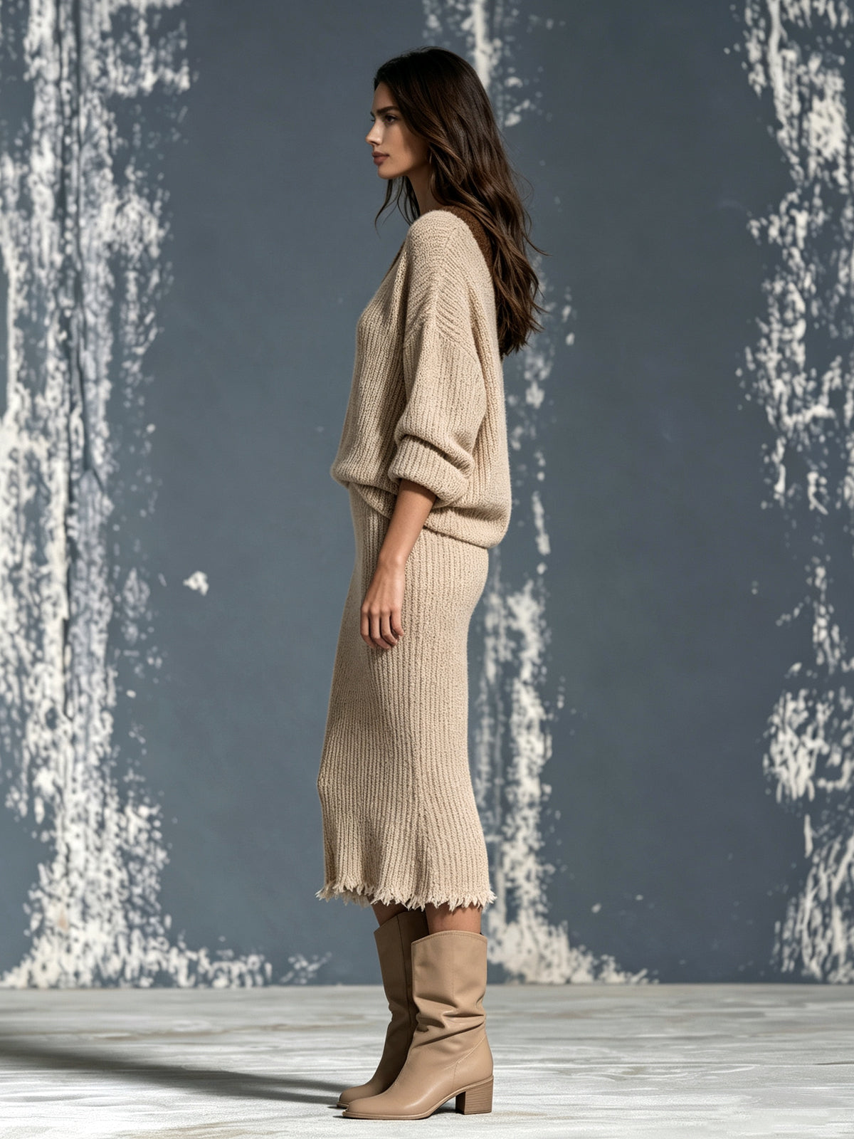 ElevenOra Chic Elegant Camel One-Shoulder Long-Sleeve Brown Trim Detail Loose-Fit Sweater Raw Edged Midi Skirt Ribbed Knit Two-Piece Set