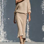 ElevenOra Chic Elegant Camel One-Shoulder Long-Sleeve Brown Trim Detail Loose-Fit Sweater Raw Edged Midi Skirt Ribbed Knit Two-Piece Set