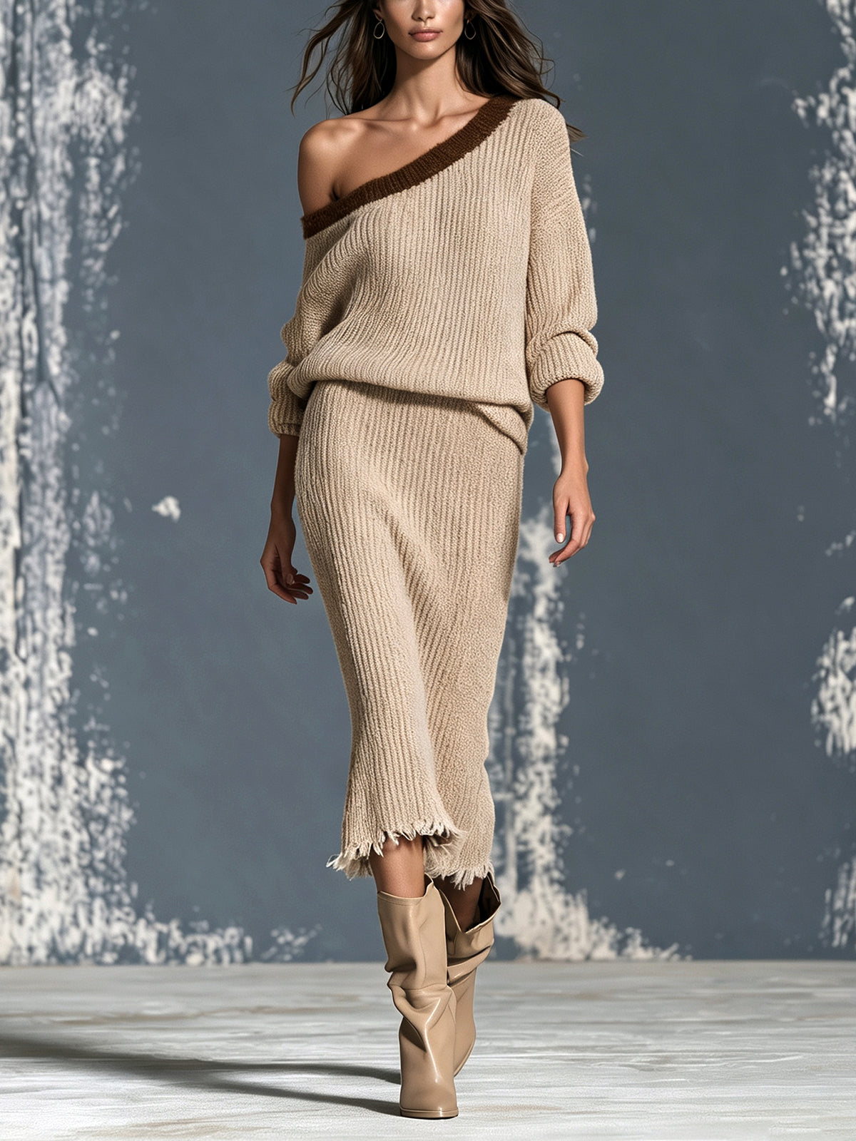 ElevenOra Chic Elegant Camel One-Shoulder Long-Sleeve Brown Trim Detail Loose-Fit Sweater Raw Edged Midi Skirt Ribbed Knit Two-Piece Set