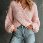 ElevenOra Chic Casual Pink Crossed Wrap V‑Neck Dropped-Shoulder Long-Sleeve Loose-Fit Knit Sweater