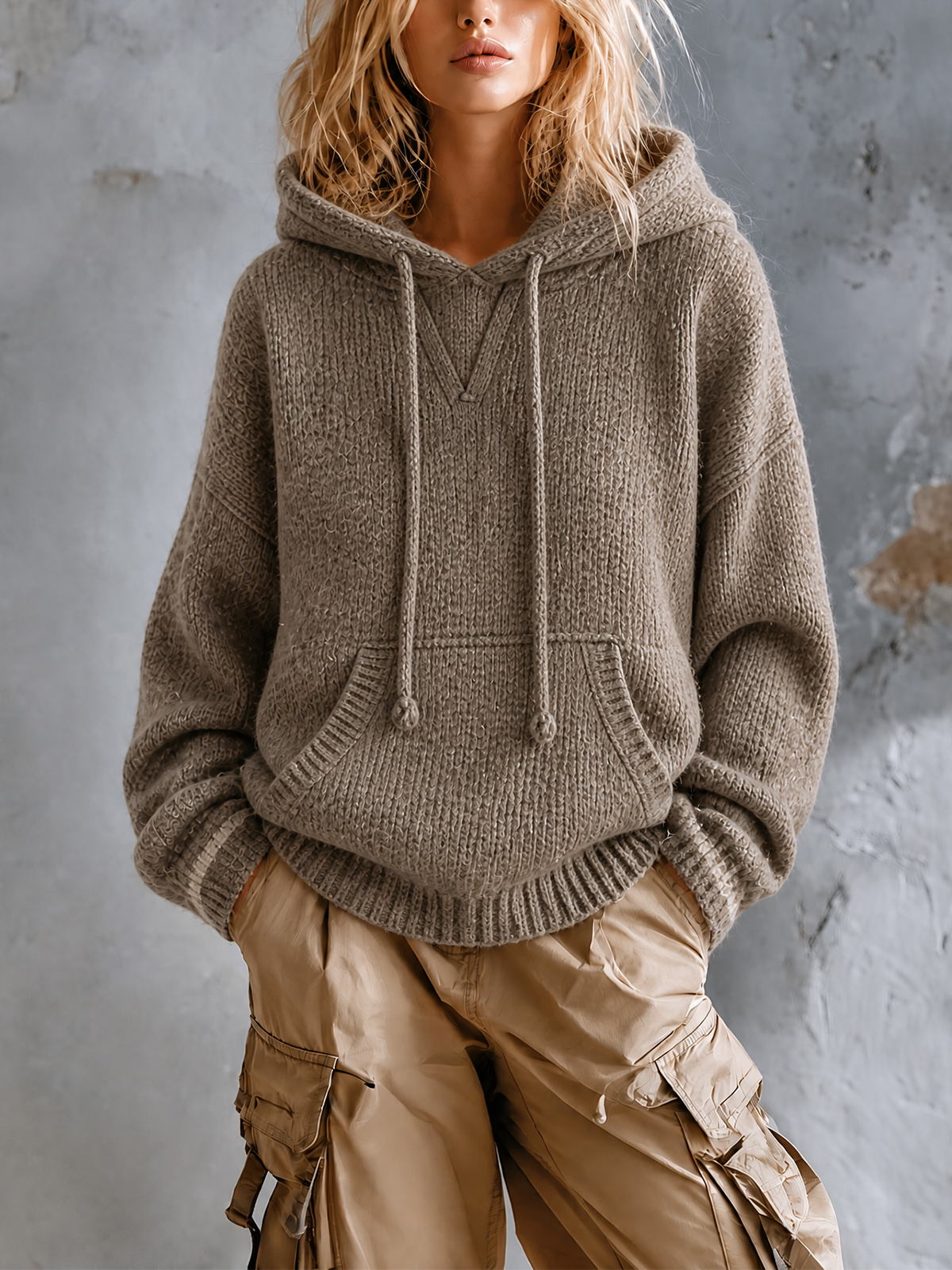 ElevenOra Chic Casual Taupe Drawstring Hooded Neck Dropped-Shoulder Long-Sleeve Kangaroo Pocket Loose-Fit Knit Sweater